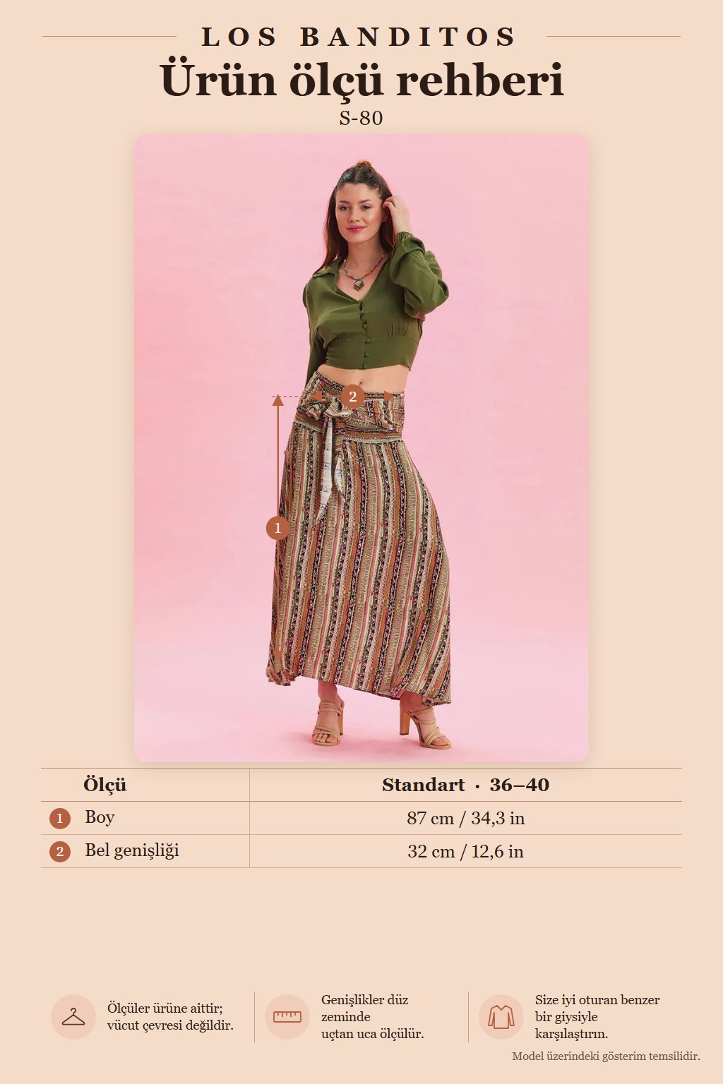 Smocked Waist Tie-Detail Khaki Patterned Long Skirt 6828