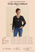 V-Neck Buttoned Black Long Sleeve Blouse 7321