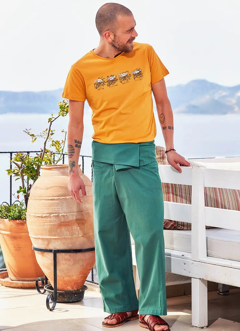 Beli Bağlamalı Bol Paça Yeşil Balıkçı Pantolon 610