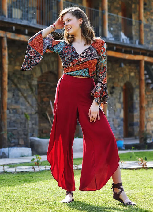 Bohem Stil Geniş Paça Bordo Pantolon 3303