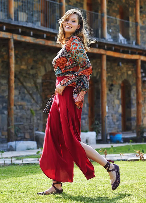 Bohem Stil Geniş Paça Bordo Pantolon 3303
