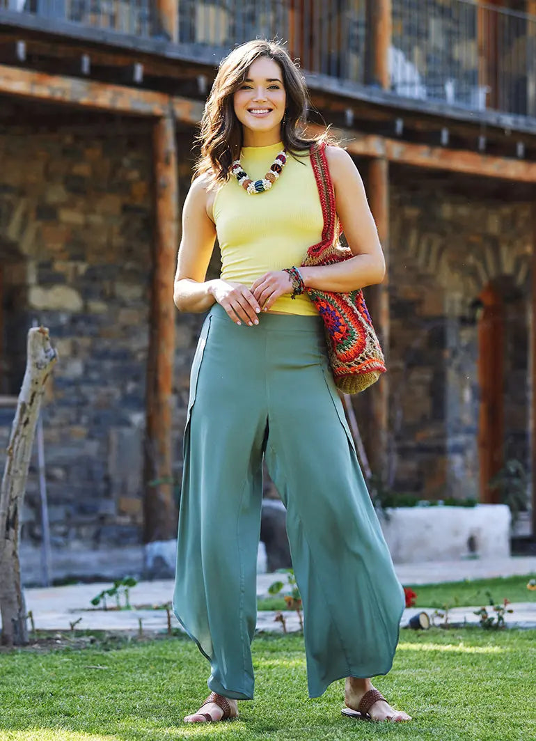 Bohem Stil Geniş Paça Haki Pantolon 3304
