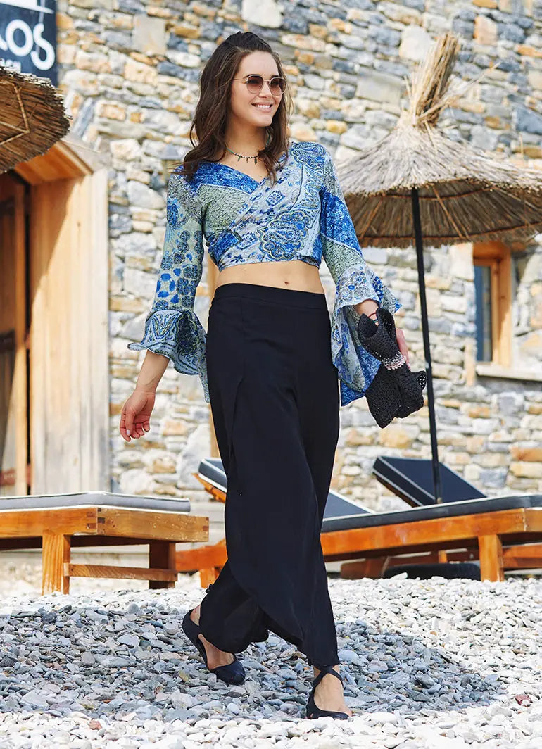 Bohem Stil Geniş Paça Siyah Pantolon 3302