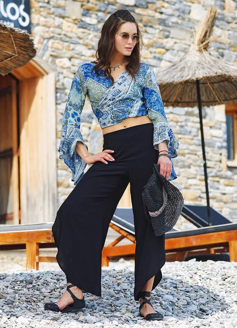 Bohem Stil Geniş Paça Siyah Pantolon 3302