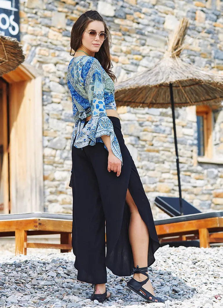 Bohem Stil Geniş Paça Siyah Pantolon 3302