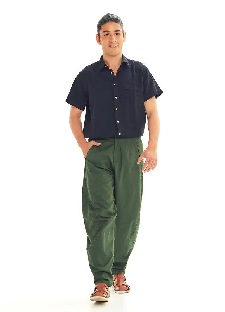 Yeşil Beli Lastikli Rahat Koton Pantolon 3240