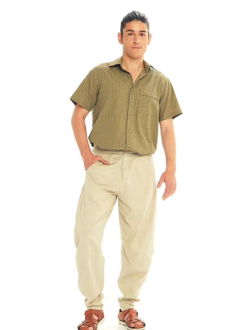 Krem Beli Lastikli Rahat Koton Pantolon 3238