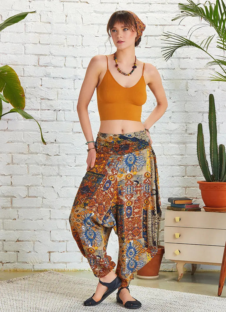 Drape Bel Dökümlü Kadın Gri Desenli Şalvar Pantolon 5130