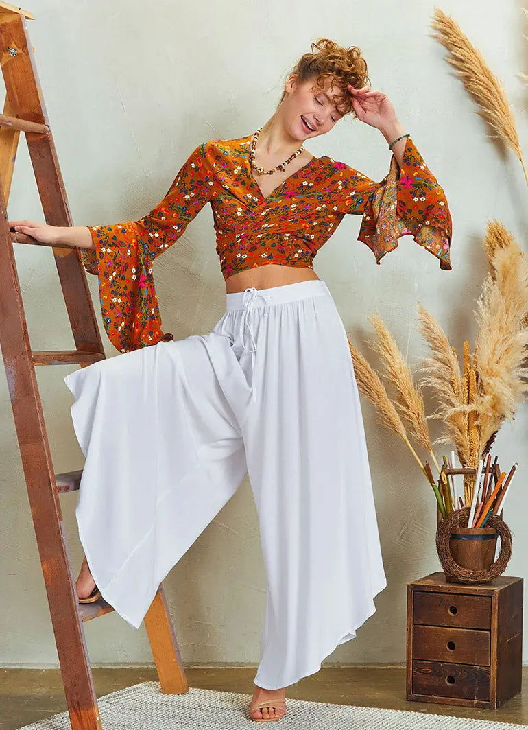 Paçası Detaylı Beli Lastikli Beyaz Bol Paça Pantolon 5172