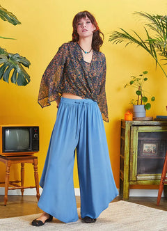 Blue Wide-Leg Trousers with Cuffed Details and Elastic Waist 5173