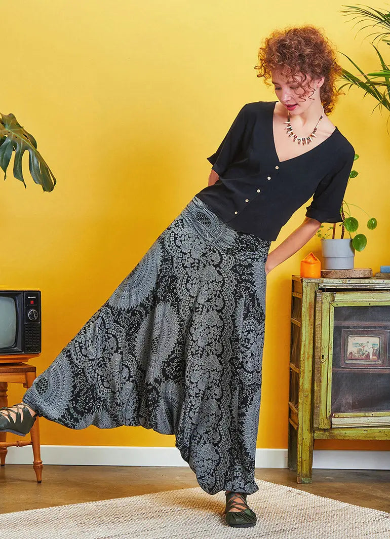 Drape Detay Beli Lastikli Gri Şalvar Pantolon 5295