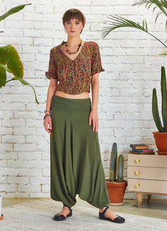 Drape Detailed Elastic Waist Khaki Harem Pants 5293