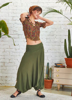 Drape Detay Beli Lastikli Haki Şalvar Pantolon 5293