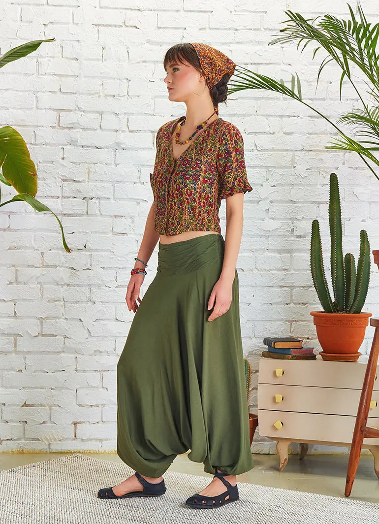 Drape Detay Beli Lastikli Haki Şalvar Pantolon 5293