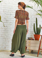 Drape Detay Beli Lastikli Haki Şalvar Pantolon 5293