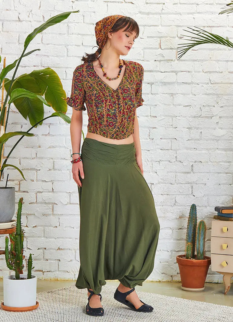 Drape Detay Beli Lastikli Haki Şalvar Pantolon 5293