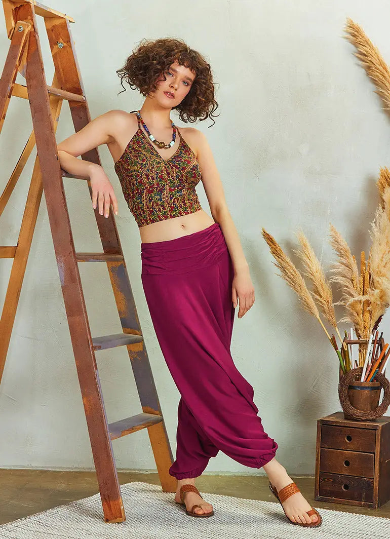 Drape Detay Beli Lastikli Bordo Şalvar Pantolon 5292