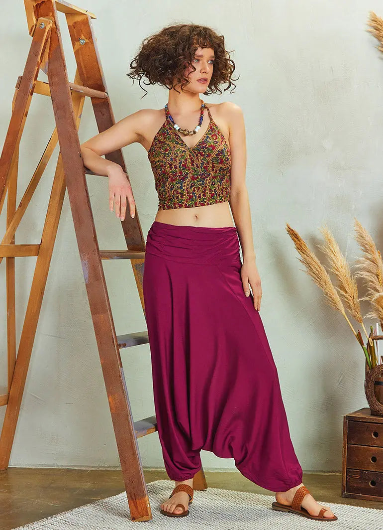 Drape Detay Beli Lastikli Bordo Şalvar Pantolon 5292