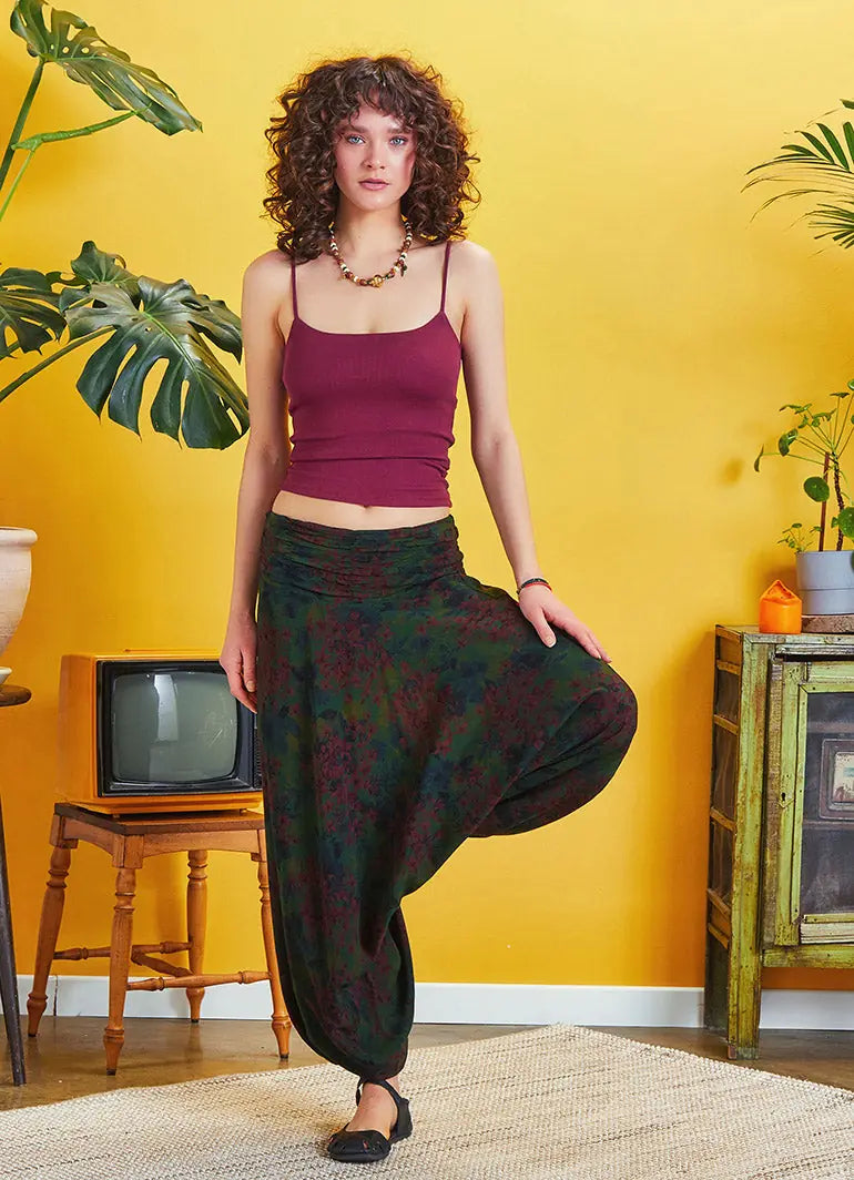 Drape Detay Beli Lastikli Desenli Şalvar Pantolon 5296