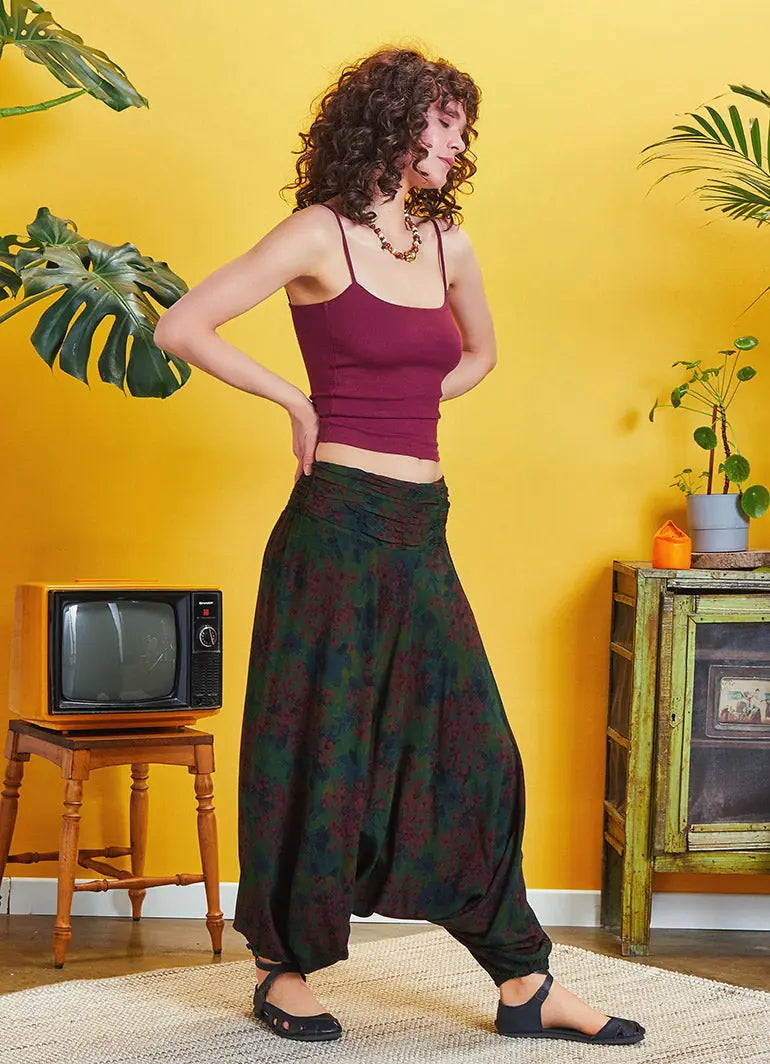 Drape Detay Beli Lastikli Desenli Şalvar Pantolon 5296