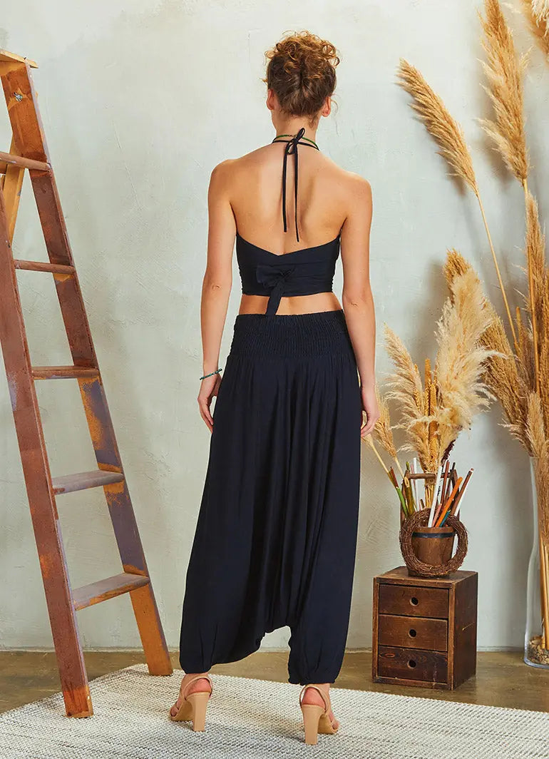 Drape Detay Beli Lastikli Siyah Şalvar Pantolon 5290