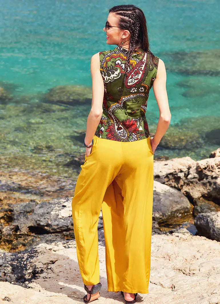 Kruvaze Beli Lastikli Kadın Sarı Bol Paça Pantolon 1784