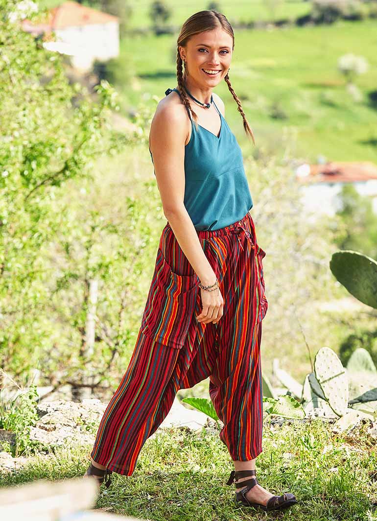 Striped Red Harem Pants with Elastic Waist 394