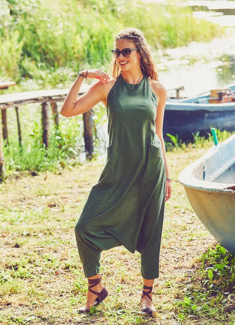 Halter Yaka Sırt Dekolteli Yeşil Tulum 2837