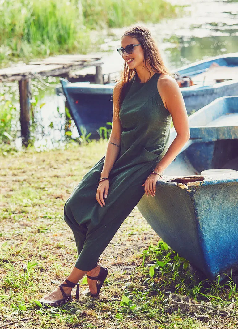 Halter Yaka Sırt Dekolteli Yeşil Tulum 2837