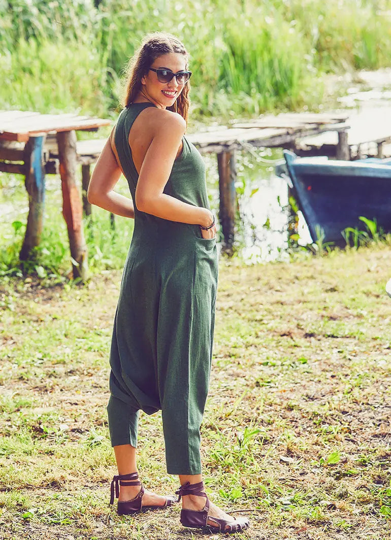 Halter Yaka Sırt Dekolteli Yeşil Tulum 2837