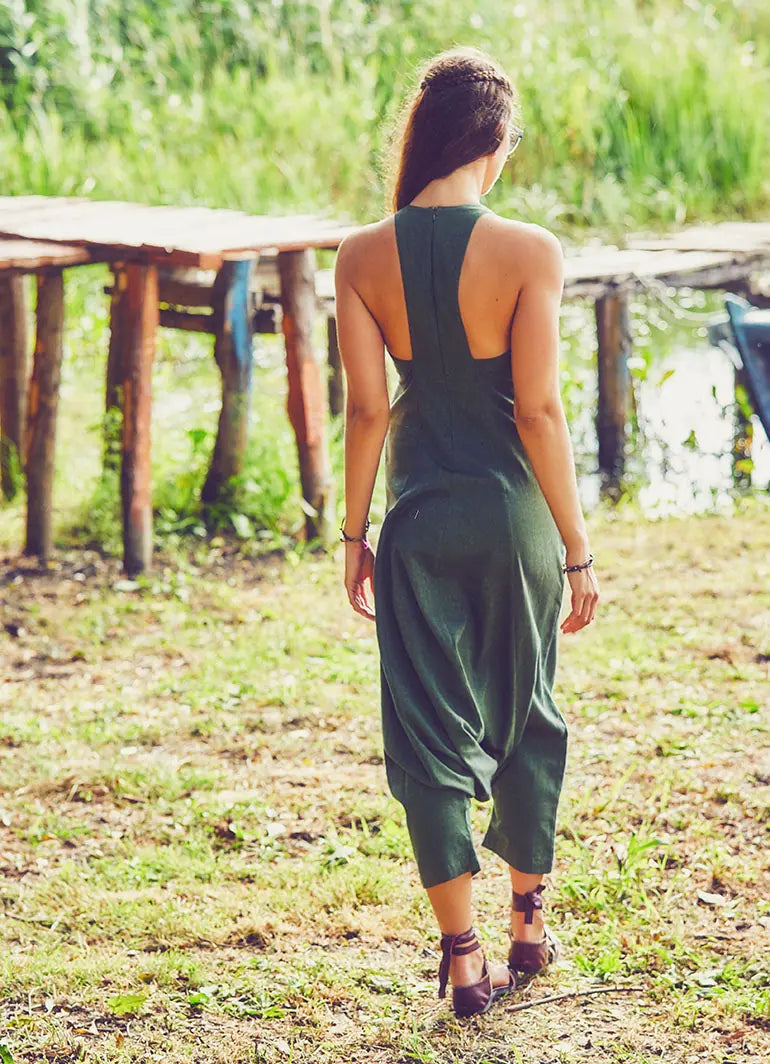 Halter Yaka Sırt Dekolteli Yeşil Tulum 2837