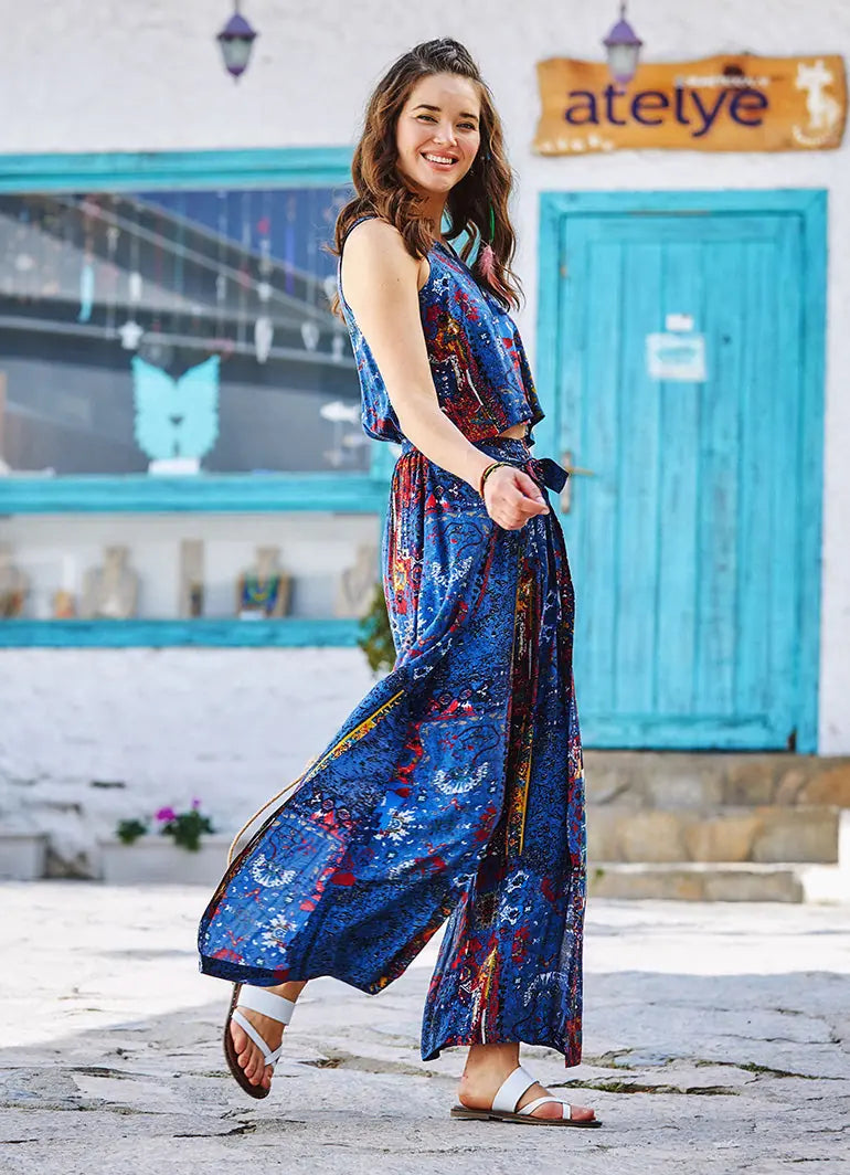 Mavi Desenli Kayık Yaka Tulum Otantik Tulum 3255