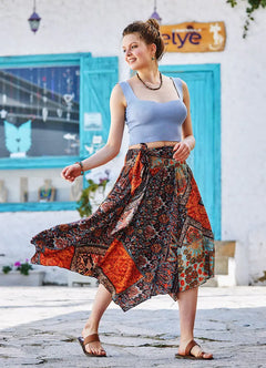 Coffee Patterned Tie-Waist Loose Midi Flared Skirt 3337