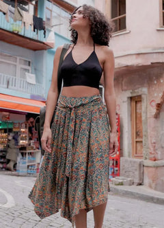 Tie-Waist Loose Midi Petrol Patterned Flared Skirt 4858