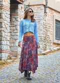 Red Ethnic Print Asymmetric Skirt with Trim Detail 6651