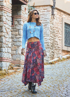 Red Ethnic Print Asymmetric Skirt with Trim Detail 6651