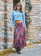 Red Ethnic Print Asymmetric Skirt with Trim Detail 6651