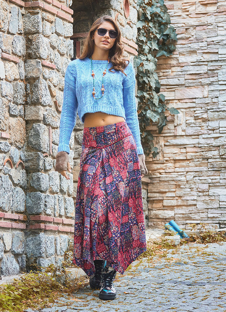 Red Ethnic Print Asymmetric Skirt with Trim Detail 6651