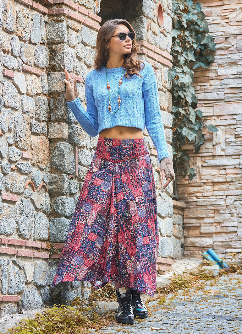 Red Ethnic Print Asymmetric Skirt with Trim Detail 6651