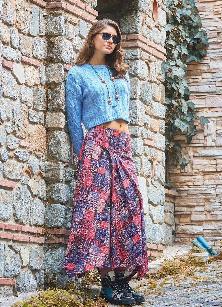Red Ethnic Print Asymmetric Skirt with Trim Detail 6651