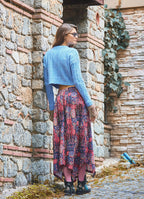 Red Ethnic Print Asymmetric Skirt with Trim Detail 6651