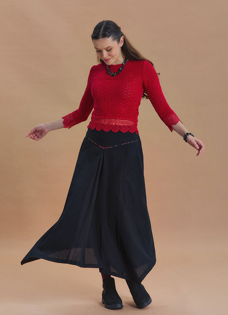 Black Flared Skirt with Asymmetrical Cut and Piping Detail 1664