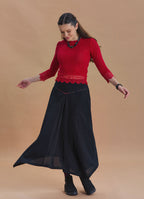 Black Flared Skirt with Asymmetrical Cut and Piping Detail 1664