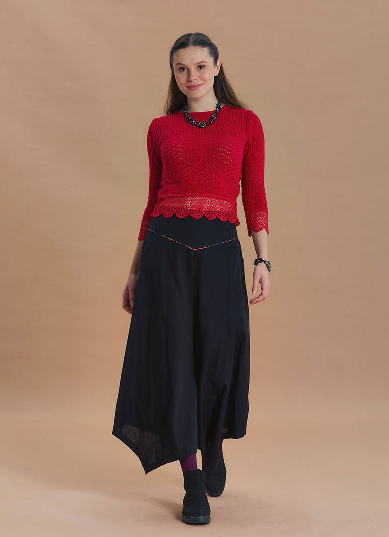 Black Flared Skirt with Asymmetrical Cut and Piping Detail 1664