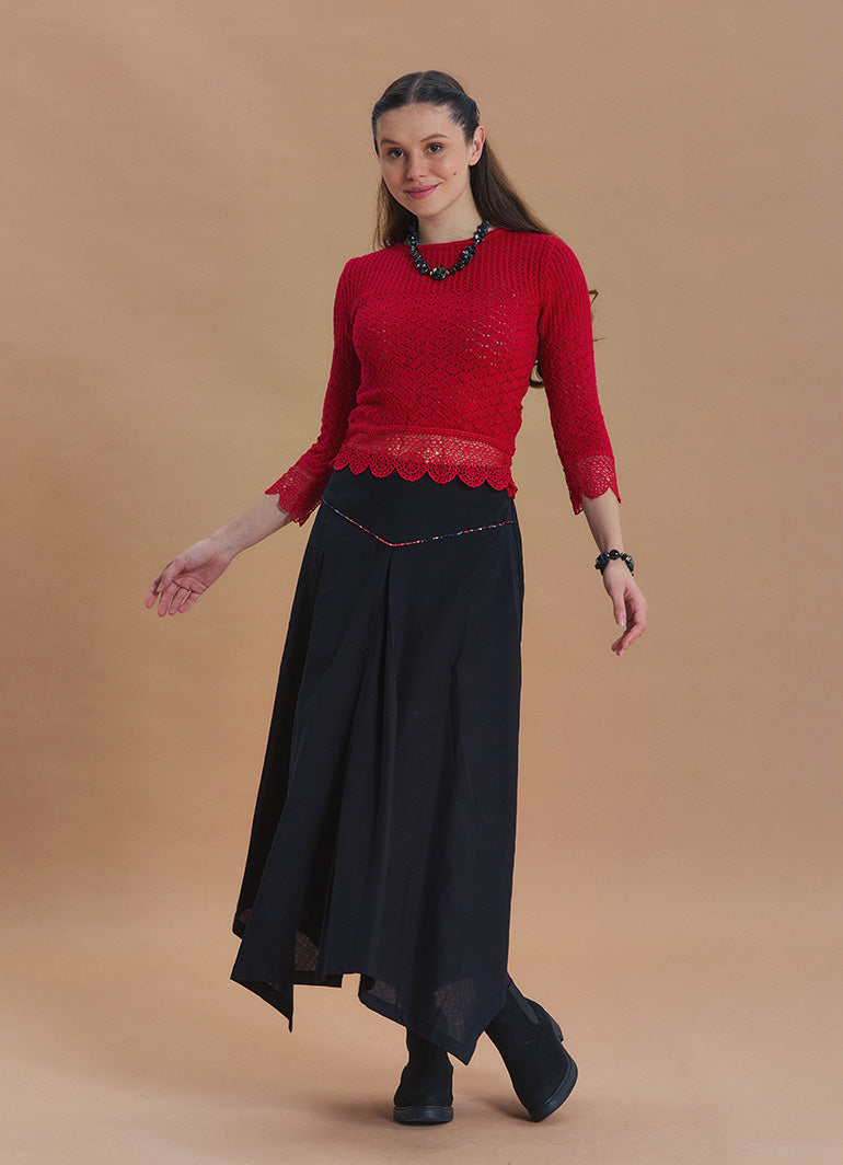 Black Flared Skirt with Asymmetrical Cut and Piping Detail 1664