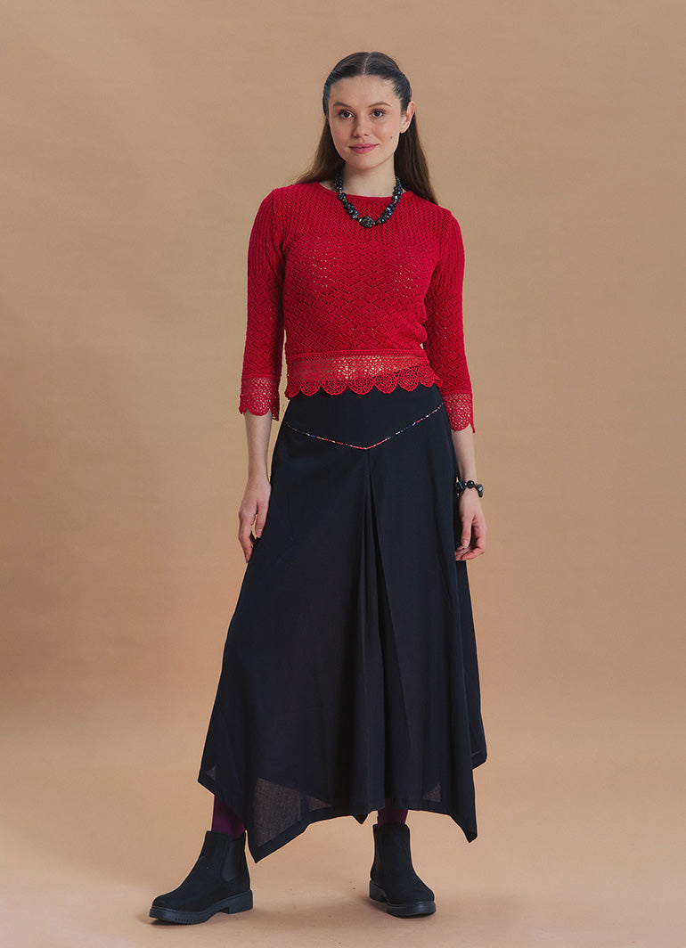 Black Flared Skirt with Asymmetrical Cut and Piping Detail 1664