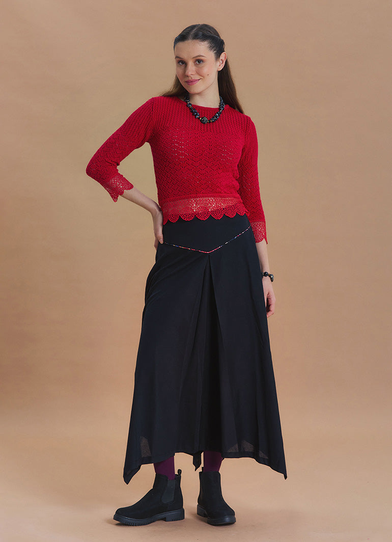 Black Flared Skirt with Asymmetrical Cut and Piping Detail 1664