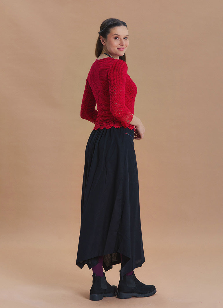 Black Flared Skirt with Asymmetrical Cut and Piping Detail 1664