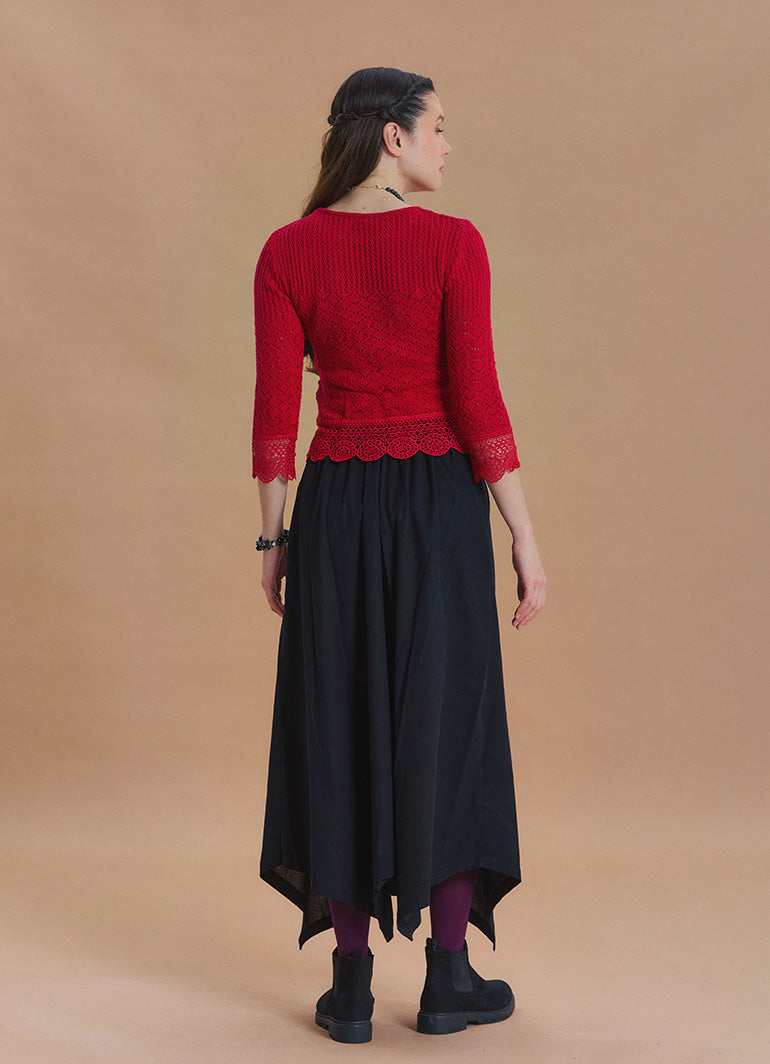 Black Flared Skirt with Asymmetrical Cut and Piping Detail 1664