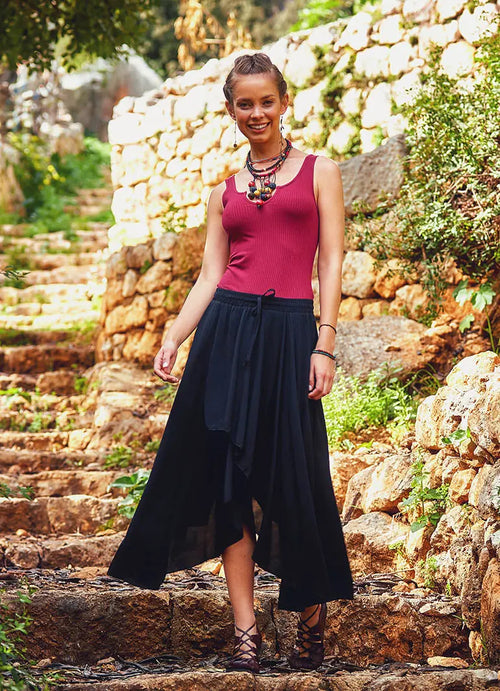Beli Lastikli Midi Siyah Etnik Etek 2397